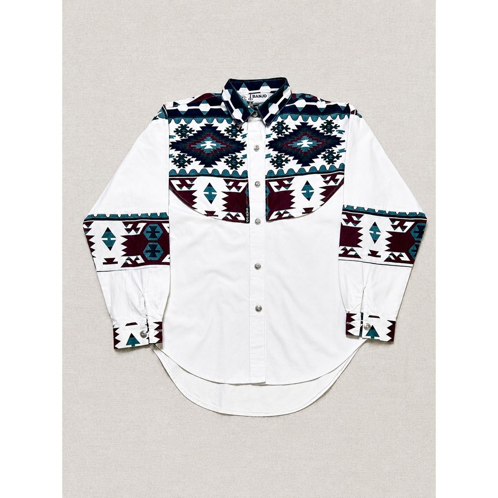 Vintage Banjo Southwestern Western Shirt Men's M White Aztec Snap Front USA Made